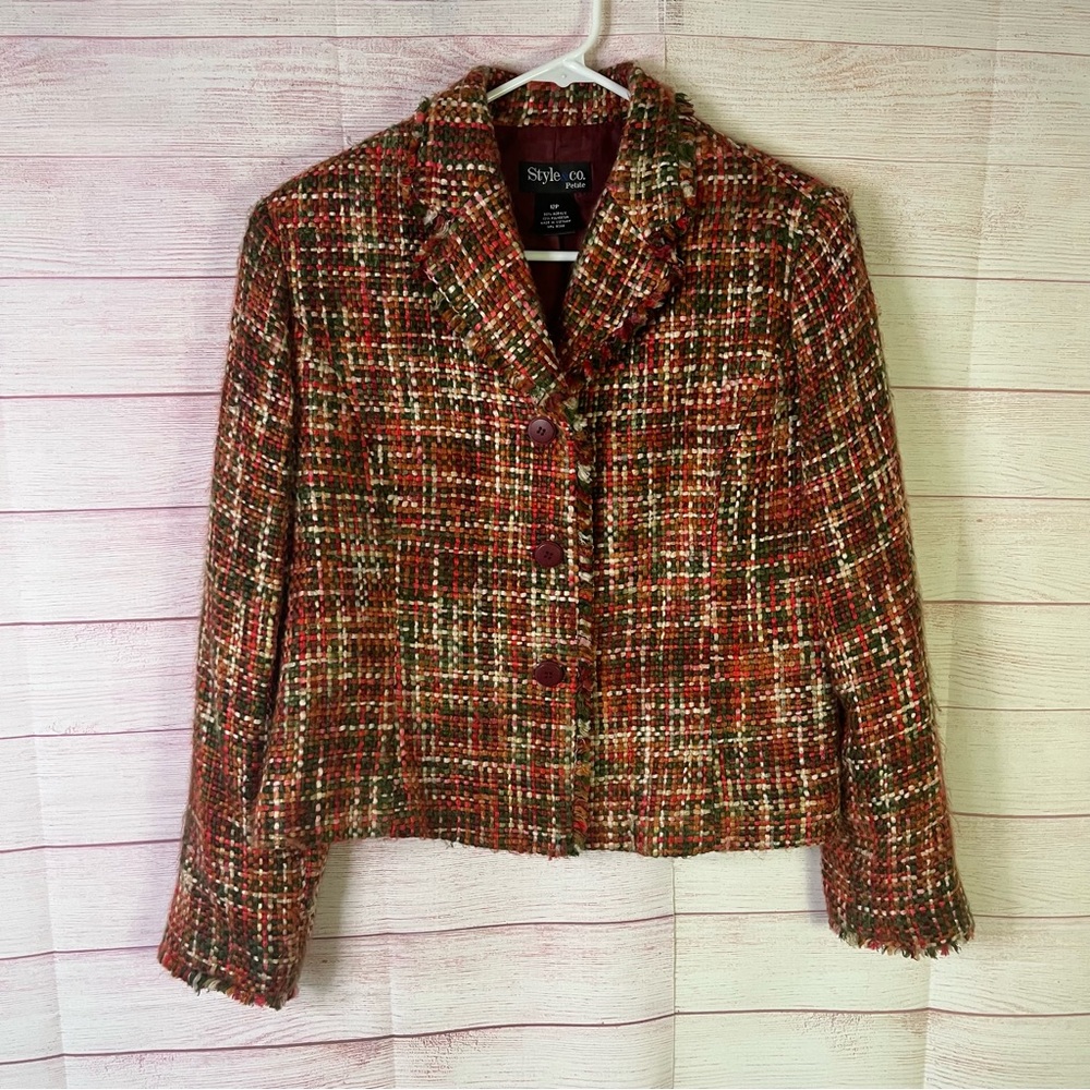 Style‎ & Co Petite MultiColor Tweed Raw Sleeve Hem Jacket Blazer Size 12P